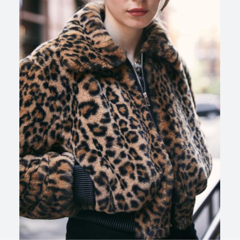 UO Faux Fur Leopard Print Bomber Jacket with Vegan Leather Trim